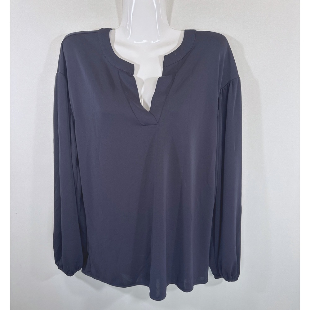Ann‎ Taylor Womens Navy Blue Split Neck Balloon Sleeve Blouse Small